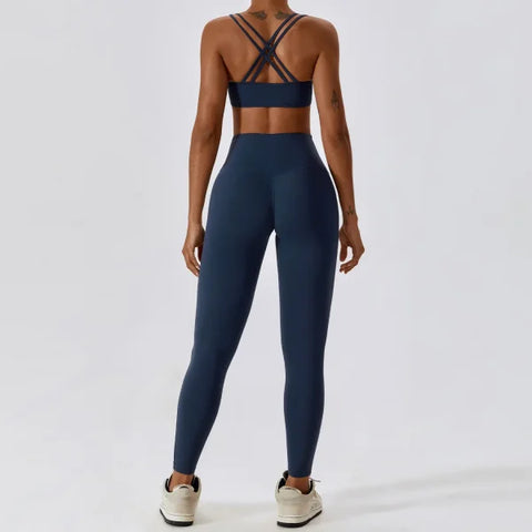 2PCS Women’s Nude Feel Yoga Set – Gym Sports Bra & Leggings Suit - Badge Blue Set-1 / XL / CHINA