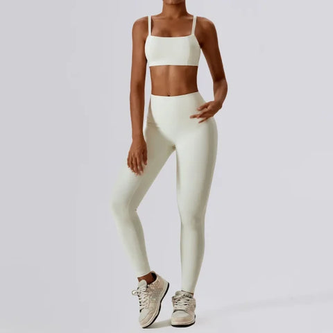 2PCS Women’s Nude Feel Yoga Set – Gym Sports Bra & Leggings Suit - Cream Apricot Set-2 / XL / CHINA