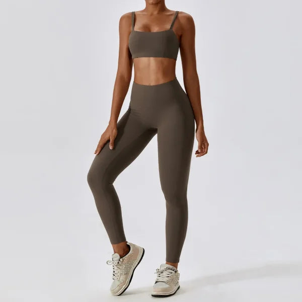 2PCS Women’s Nude Feel Yoga Set – Gym Sports Bra & Leggings Suit - Jiaocha Coffee Set-2 / XL / CHINA