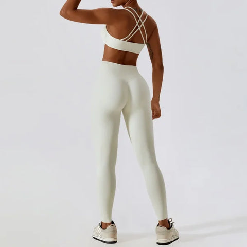 2PCS Women’s Nude Feel Yoga Set – Gym Sports Bra & Leggings Suit - Cream Apricot Set-1 / XL / CHINA