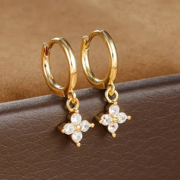 2PCS Zircon Flower Pendant Hoop Earrings - Simple Stainless Steel Jewelry - Himpall