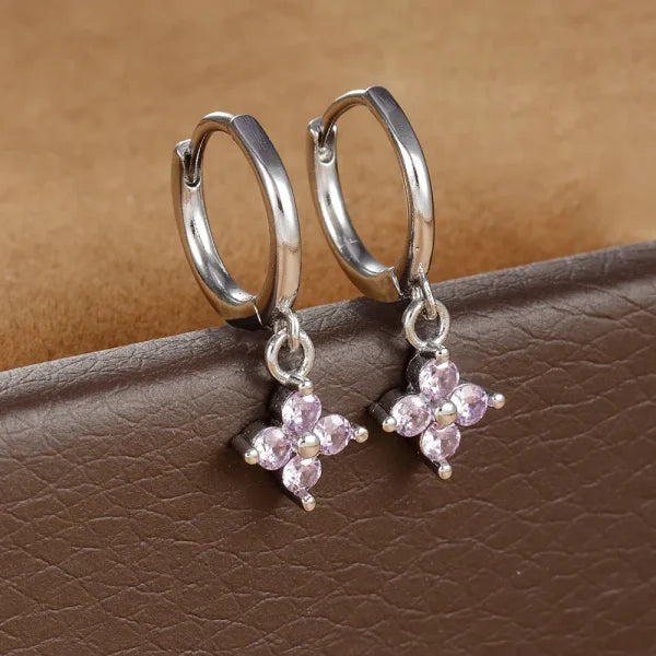 2PCS Zircon Flower Pendant Hoop Earrings - Simple Stainless Steel Jewelry - Himpall