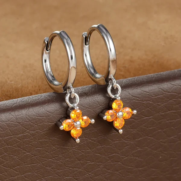 2PCS Zircon Flower Pendant Hoop Earrings - Simple Stainless Steel Jewelry - Himpall