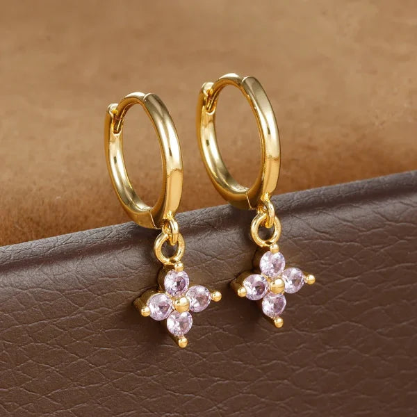 2PCS Zircon Flower Pendant Hoop Earrings - Simple Stainless Steel Jewelry - Himpall