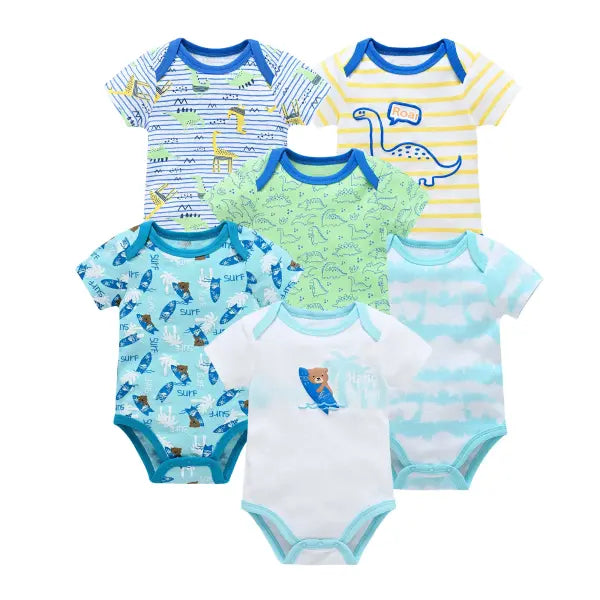 3/6PCS Baby Bodysuits – Cotton Short Sleeve Clothes for Newborn Boys & Girls 0–12 Months - HY25252526 / 0-3M