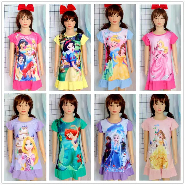 3-8Years New Summer Kids Cartoon Dress Sleepwear Mermaid Princess Belle Girls Printing Nightgowns Children Party