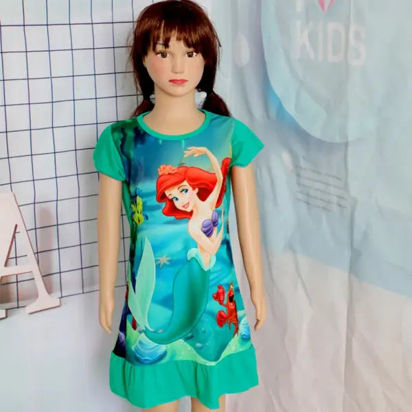 3-8Years New Summer Kids Cartoon Dress Sleepwear Mermaid Princess Belle Girls Printing Nightgowns Children Party