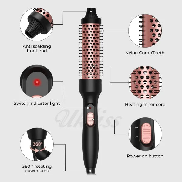 3-in-1 Heated Curling Brush – Ceramic Thermal Hair Curler & Volumizing Roller Comb with Double PTC Technology - Himpall