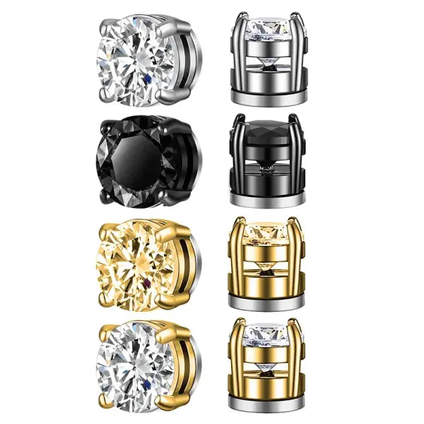Magnetic Ear Stud Round Zircon Stainless Steel Punk Non Piercing Jewelry - 4pc set
