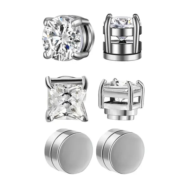 Magnetic Ear Stud Round Zircon Stainless Steel Punk Non Piercing Jewelry - 3pc set