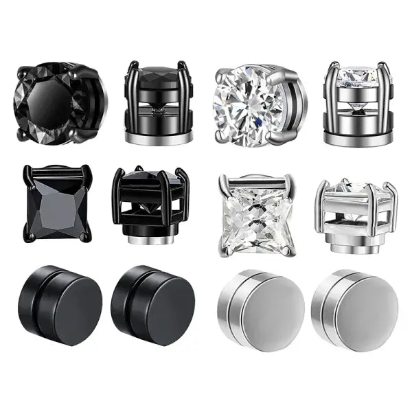 Magnetic Ear Stud Round Zircon Stainless Steel Punk Non Piercing Jewelry - 6pc set