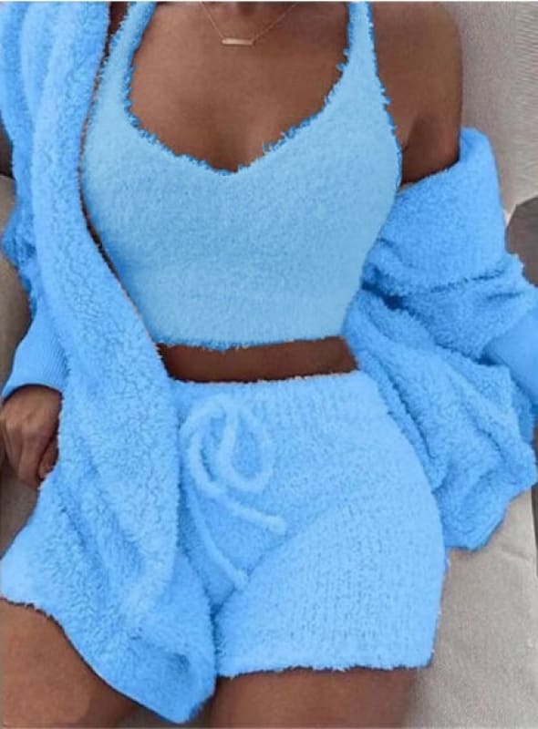 3-Piece Women’s Clothing Set with Long Sleeve Crop and Drawstring Shorts Pajama - Blue / 3XL