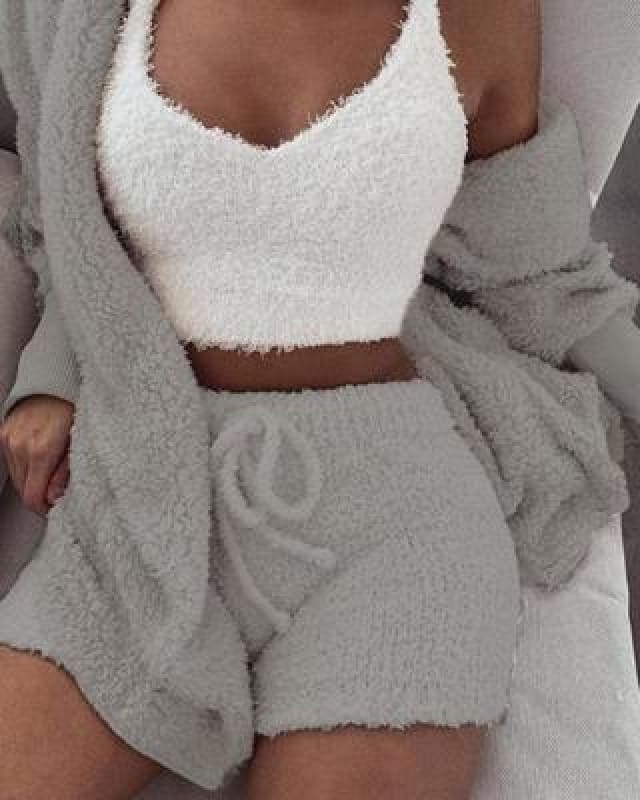 3-Piece Women’s Clothing Set with Long Sleeve Crop and Drawstring Shorts Pajama - gray / L