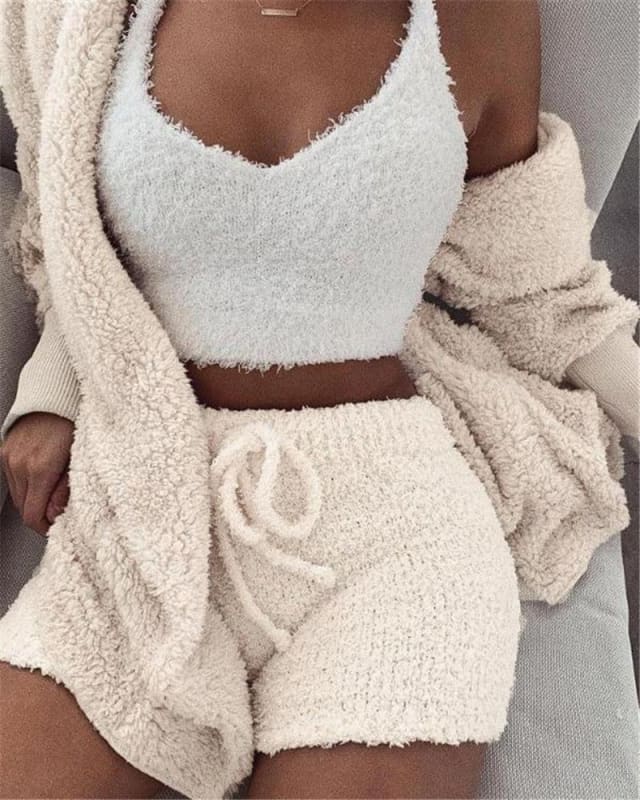 3-Piece Women’s Clothing Set with Long Sleeve Crop and Drawstring Shorts Pajama - white / L