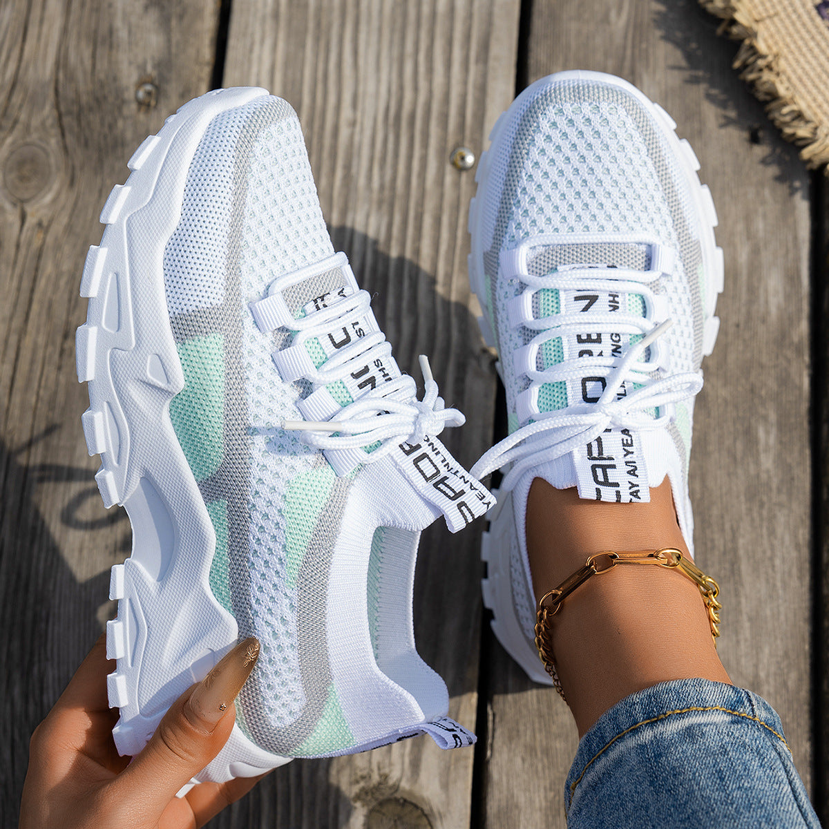 Women’s Breathable Flyknit Low Heel Shoes with Rubber Sole Material - White Green Gray / 36