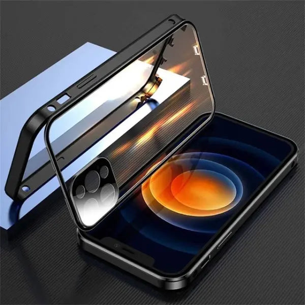 Double Sided Glass Snap Lock Phone Case Metal Magnetic Double Protection - Black / For iPhone 12 Pro