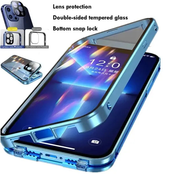 Double Sided Glass Snap Lock Phone Case Metal Magnetic Double Protection