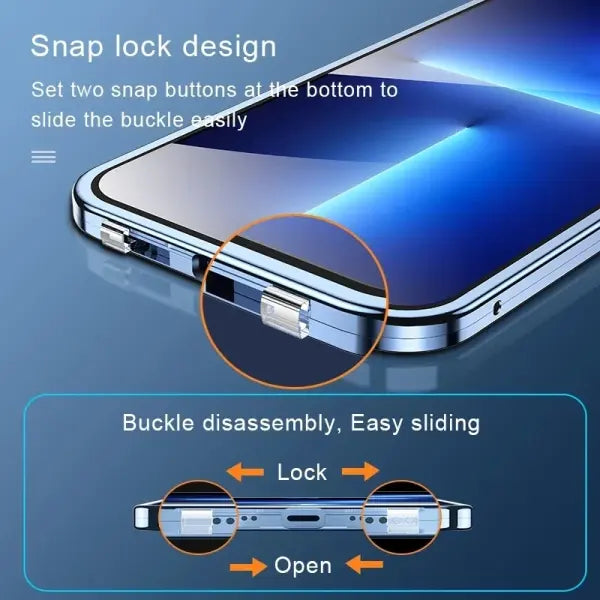 Double Sided Glass Snap Lock Phone Case Metal Magnetic Double Protection