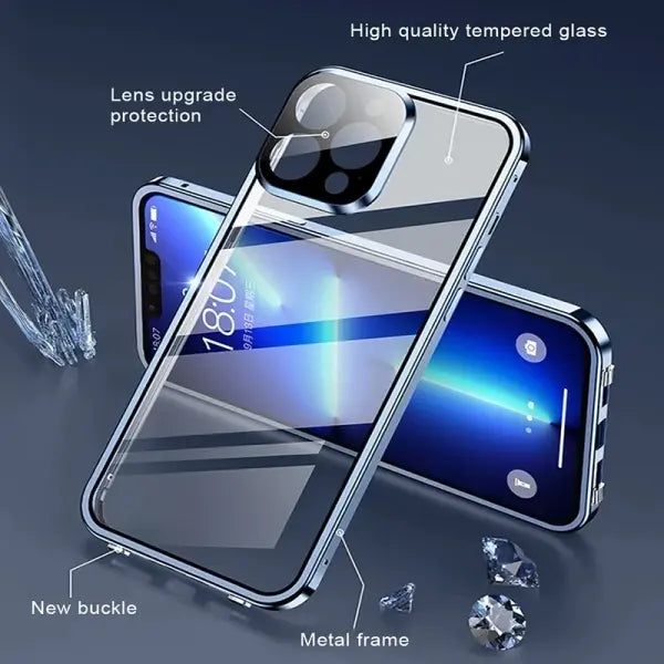 Double Sided Glass Snap Lock Phone Case Metal Magnetic Double Protection