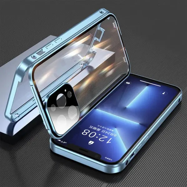 Double Sided Glass Snap Lock Phone Case Metal Magnetic Double Protection - Blue / For iPhone 16 Plus
