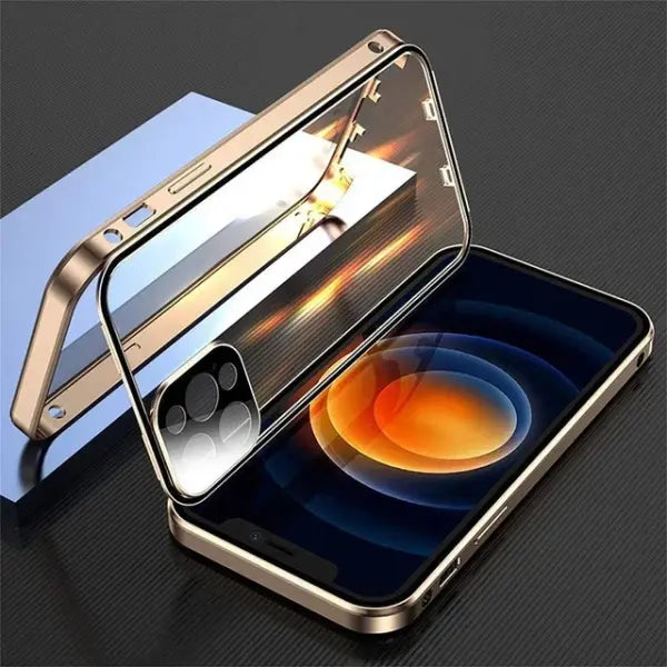 Double Sided Glass Snap Lock Phone Case Metal Magnetic Double Protection - Gold / for iphone11(6.1’’)