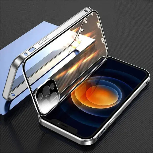 Double Sided Glass Snap Lock Phone Case Metal Magnetic Double Protection - Silver / for iphone11ProMax(6.5’’)