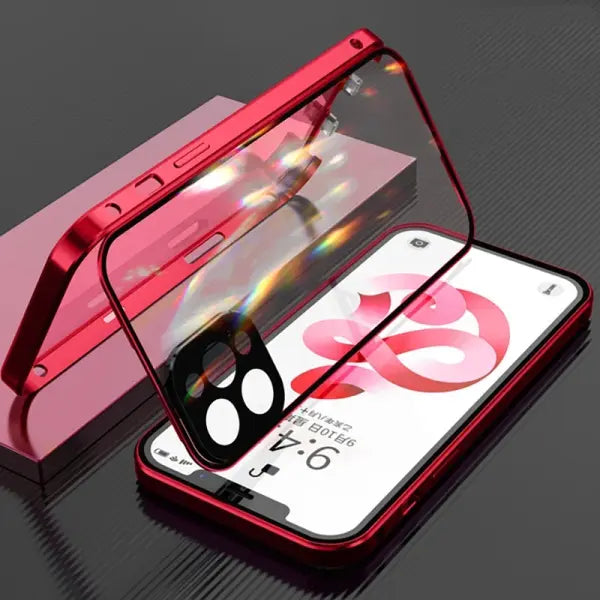 Double Sided Glass Snap Lock Phone Case Metal Magnetic Double Protection - Red / For iPhone 16