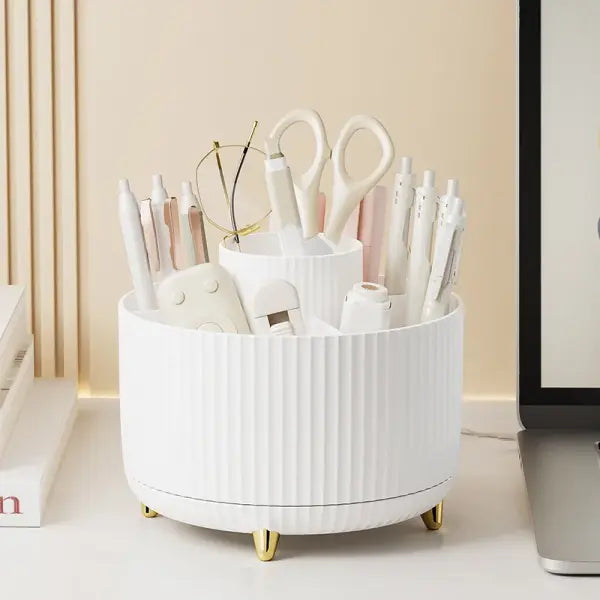 360° Rotating Makeup Organizer: Large Capacity Desktop Storage Box for Vanity & Bathroom - WHITE