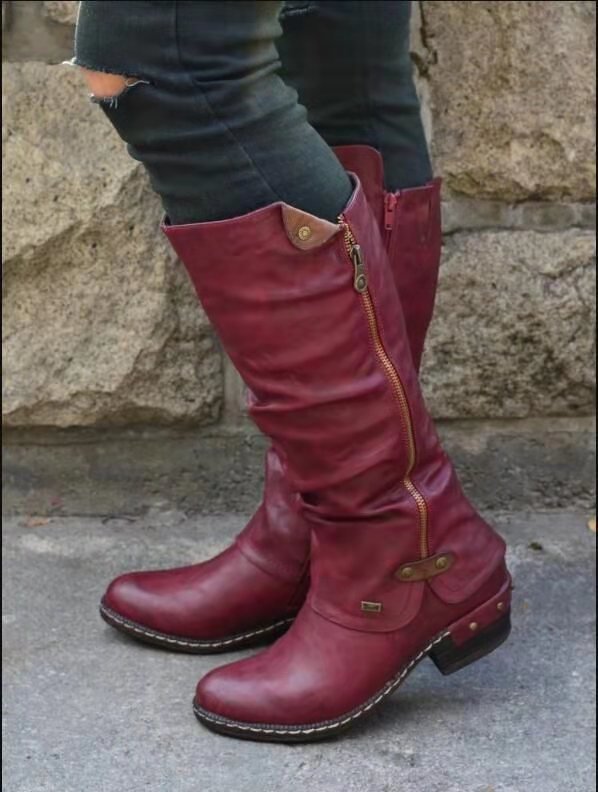 Women’s Round Toe Comfort Ankle Booties with Low Heel - 35 / Red