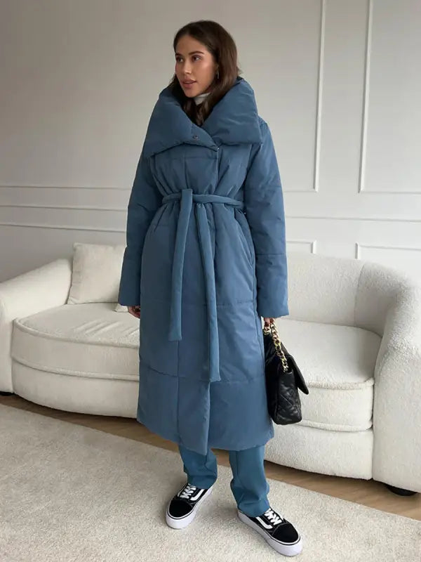 Fashion Large Lapel Long Coat Winter Warm Cotton Jacket for Women - Blue / L