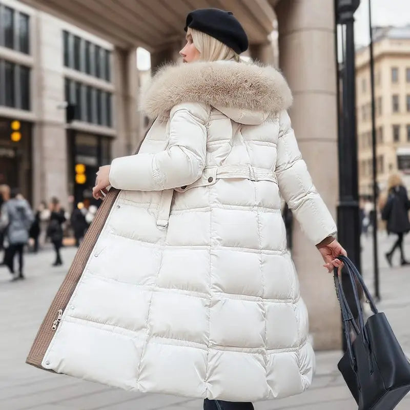 Women’s Winter Slim Long Jacket with Fur Hood and Stylish Belt