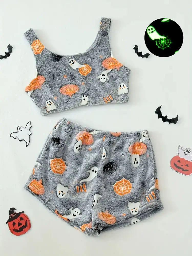 Women Halloween Pajamas - Luminous Flannel Sleepwear for Cozy Nights