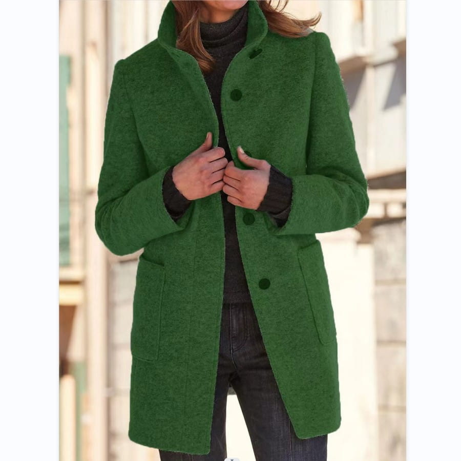 Fashion Stand Collar Woolen Coat with Pockets – Casual Button Outwear for Women