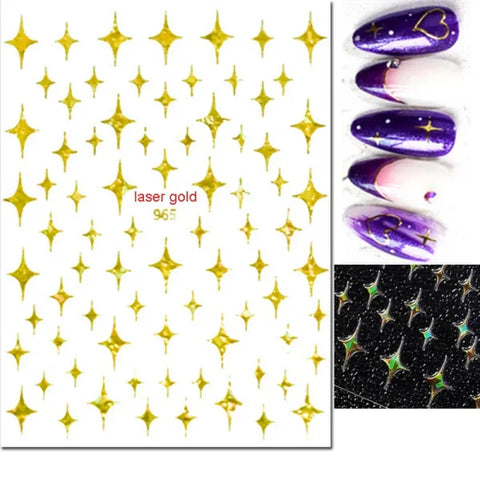 3D Nail Art Stickers – Red Black & White Love Hearts Stars & Clouds - AJO965lasergold / CHINA