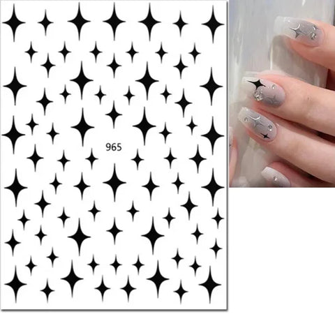 3D Nail Art Stickers – Red Black & White Love Hearts Stars & Clouds - AJO965black / CHINA