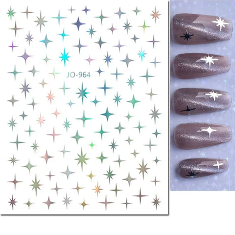 3D Nail Art Stickers – Red Black & White Love Hearts Stars & Clouds - AJO964lasersilver / CHINA