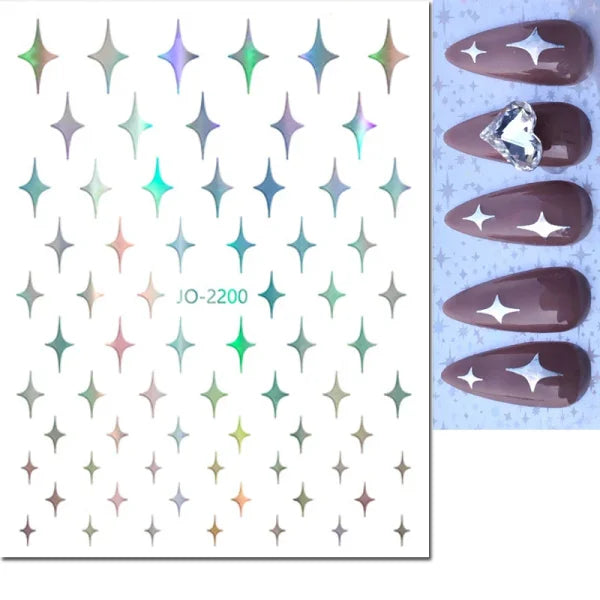 3D Nail Art Stickers – Red Black & White Love Hearts Stars & Clouds - AJO2200lasersilver / CHINA