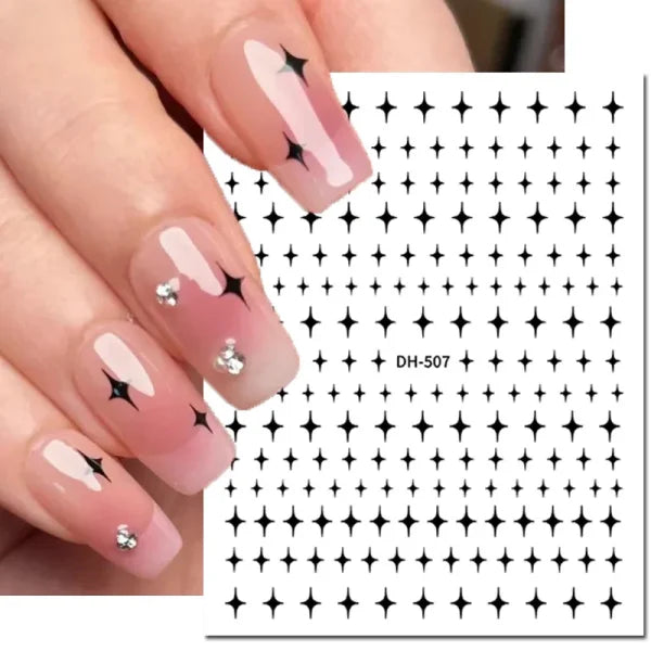 3D Nail Art Stickers – Red Black & White Love Hearts Stars & Clouds - ADH507black / CHINA