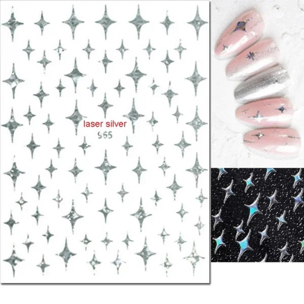 3D Nail Art Stickers – Red Black & White Love Hearts Stars & Clouds - AJO965lasersilver / CHINA