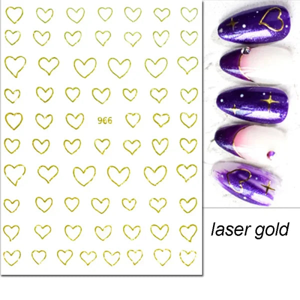 3D Nail Art Stickers – Red Black & White Love Hearts Stars & Clouds - AJO966lasergold / CHINA