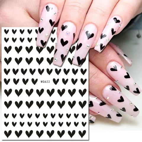 3D Nail Art Stickers – Red Black & White Love Hearts Stars & Clouds - AWG622black / CHINA