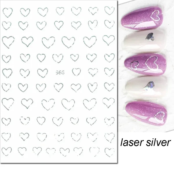 3D Nail Art Stickers – Red Black & White Love Hearts Stars & Clouds - AJO966lasersilver / CHINA