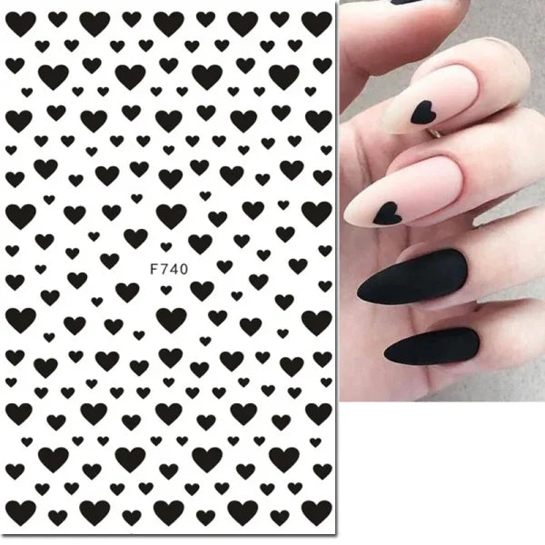 3D Nail Art Stickers – Red Black & White Love Hearts Stars & Clouds - AF740black / CHINA