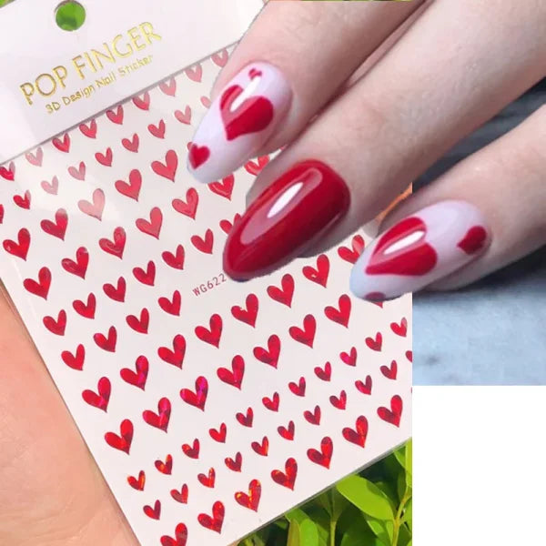 3D Nail Art Stickers – Red Black & White Love Hearts Stars & Clouds - AWG622laserred / CHINA