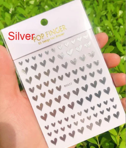 3D Nail Art Stickers – Red Black & White Love Hearts Stars & Clouds - AWG622silver / CHINA