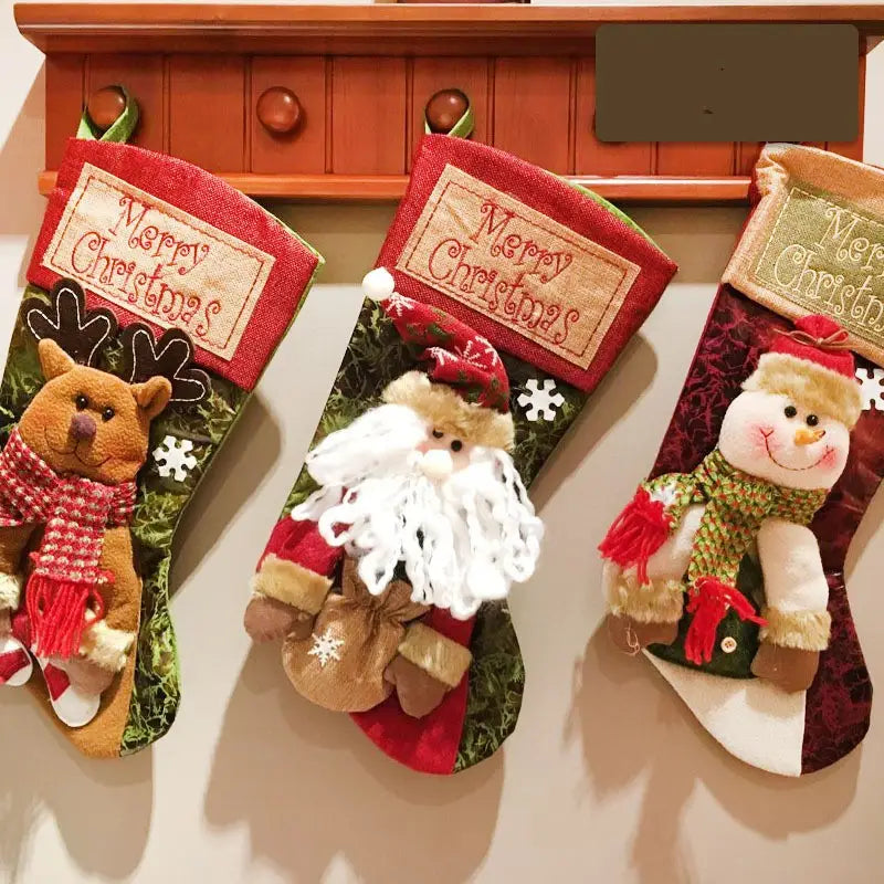 Christmas Stocking Socks with Santa Snowman Elk and Xmas Tree Ornaments