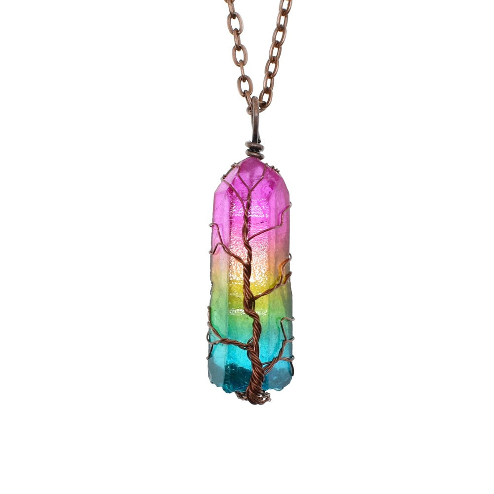 Simple Rainbow Stone Crystal Column Necklace with O Chain - Hair Remover