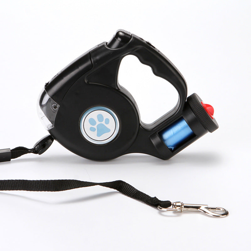 Retractable Dog Leash Equipped With Flashlight And Rubbish Bag Storage - Black