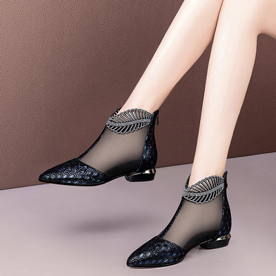 Soft Leather Flat Heel Net Boots Women''s Hollow Flat Bottom Sandals