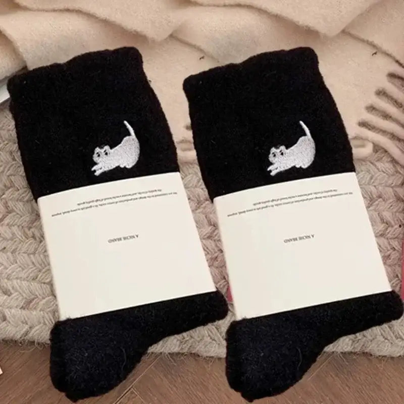 3Pairs Premium Feel Cute Cat Cozy Hairy Mink Velvet Socks Autumn Winter Hosiery Thickened Plush Warm Sleep Home Fluffy
